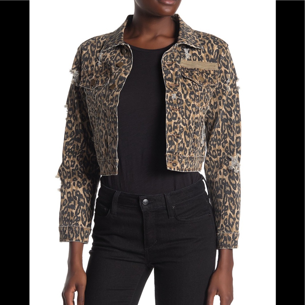 Vintage Havana- Cropped Leopard Denim Jacket